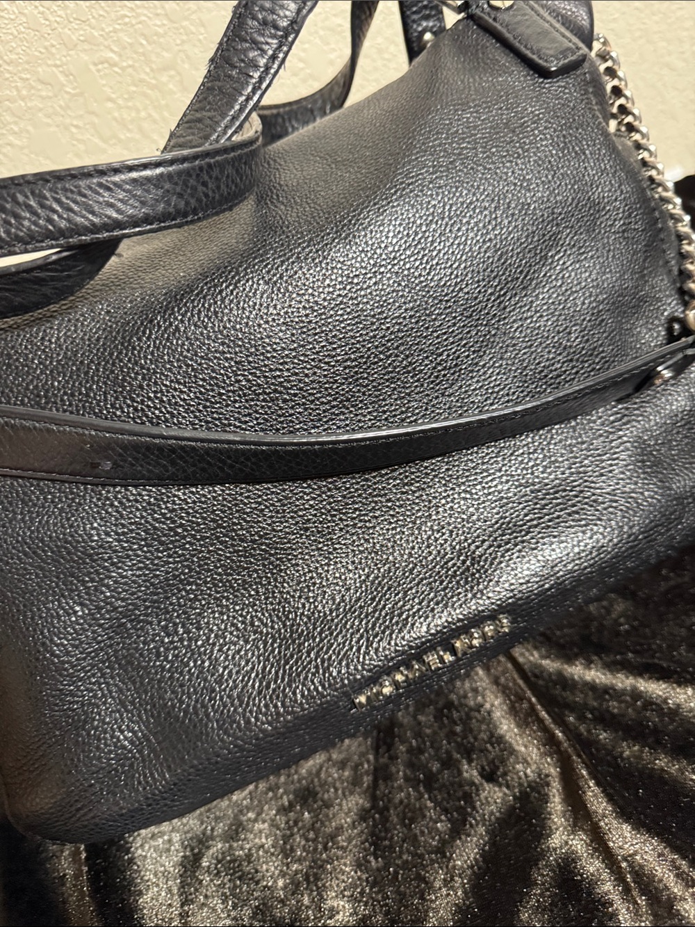 Michael Kors Black Pebbled Leather Shoulder Bag with Silver Tone Chain Accents